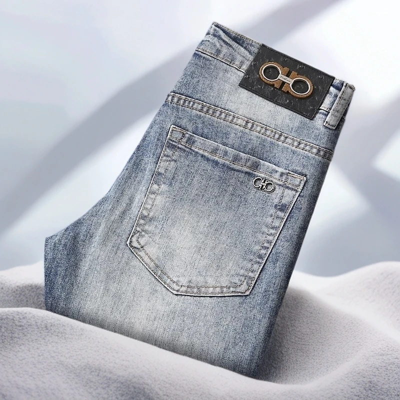 宾斯洛特夏季薄款深蓝色牛仔裤男修身弹力潮流休闲简约百搭欧美风