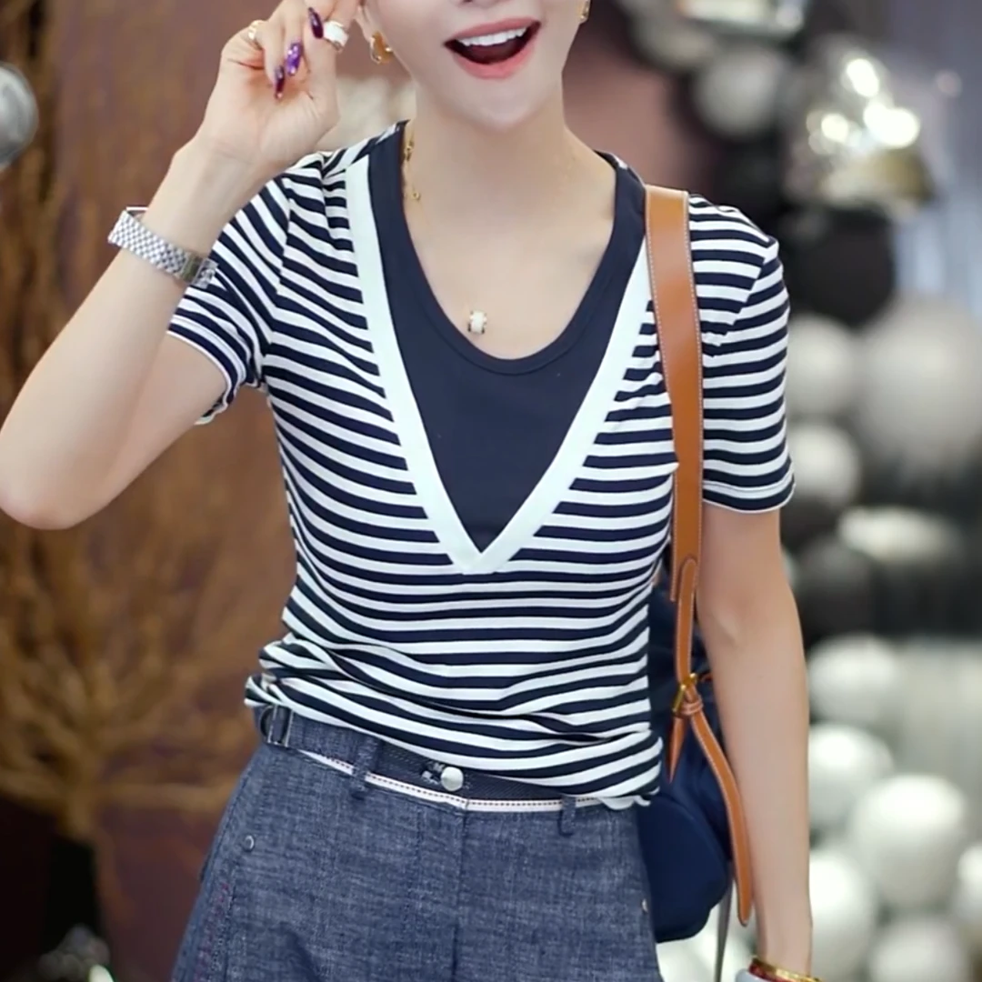 夏款2025高级感条纹假两件T恤百搭修身显瘦气质上衣女LK2505416