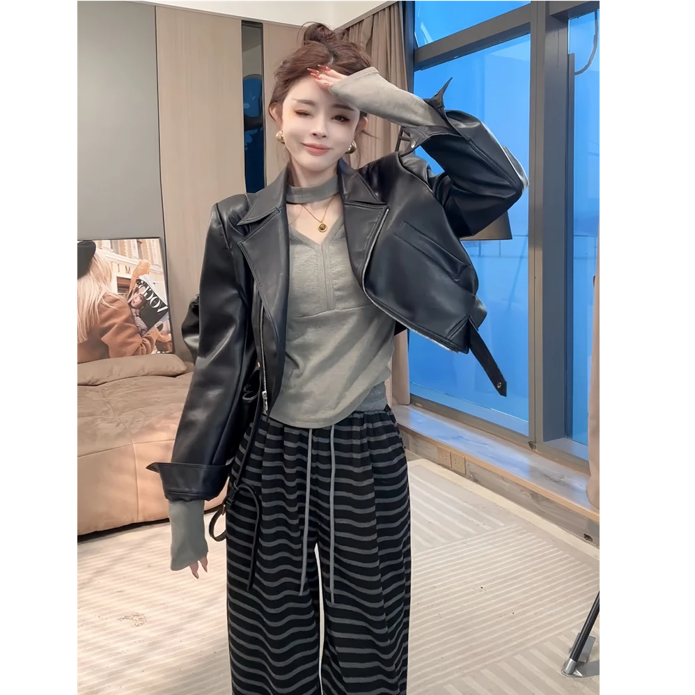 欧货短款机车服拉链皮衣外套女2025春季新款气质百搭翻领夹克上衣