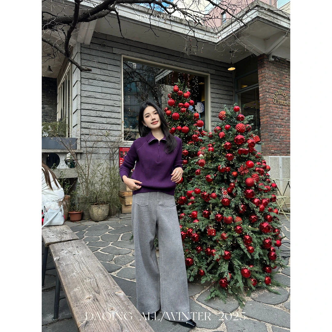 许大晴【街角漫步】通勤百搭羊毛呢料灰色阔腿裤女D9A67