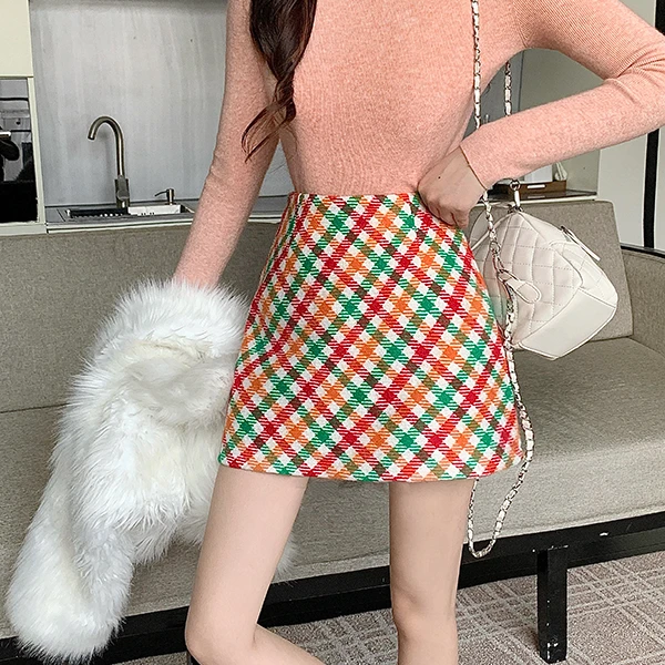 毛呢A字裙明媚彩虹格复古冬季大码女显瘦半身裙3862