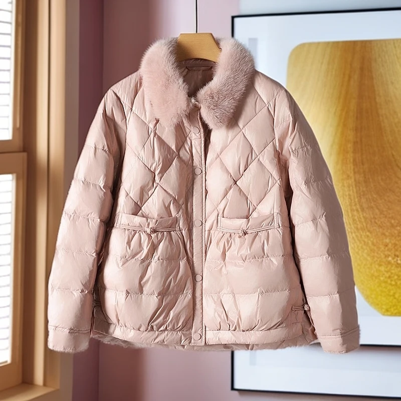 【贝轻奢风】冬欧货甜美时尚水貂毛菱格短款茧型羽绒服外套女804