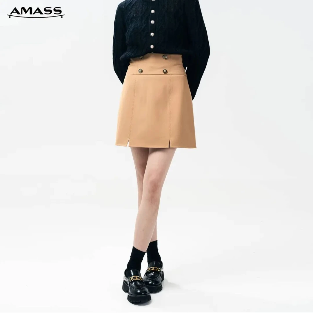 AMASS/阿玛施百搭高腰双排扣黑色花苞显瘦半身裙时尚休闲5200373