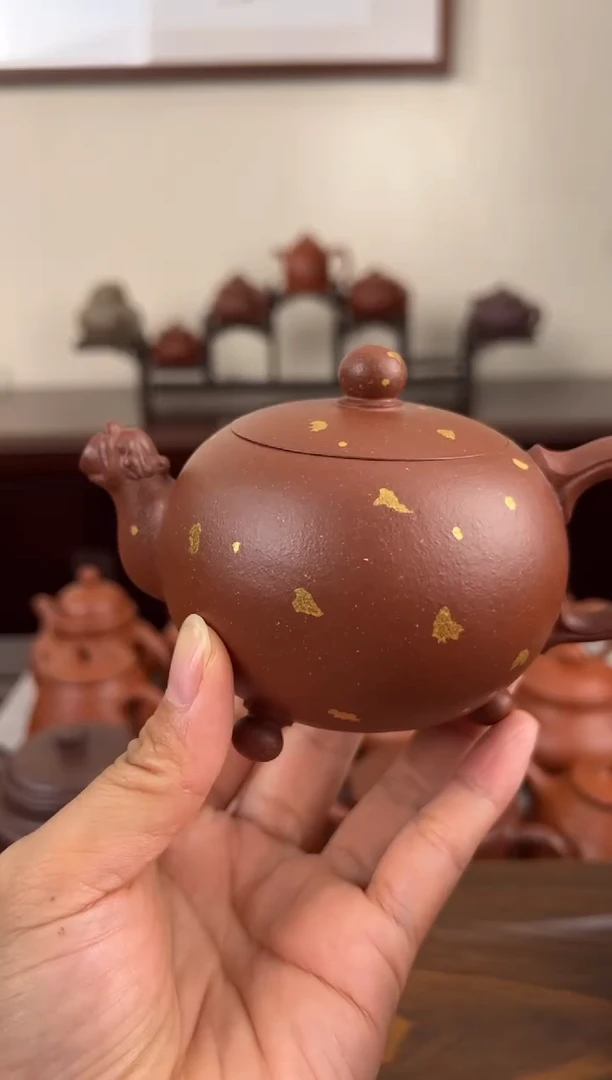 茶壶紫砂海**旧红降坡洒金龙珠壶