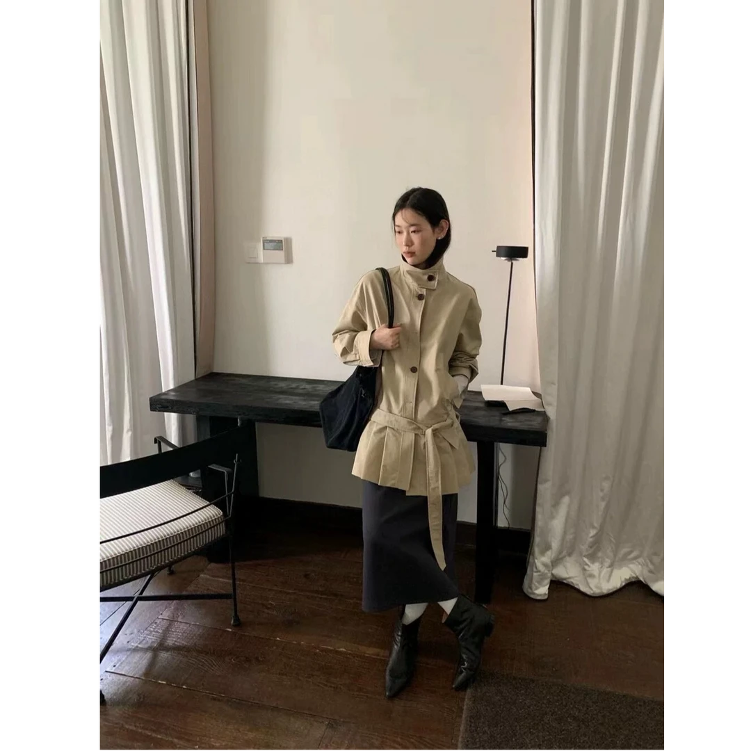 ZX6457时尚立领高级感长袖百褶裙外套女2025秋季新款设计感风衣
