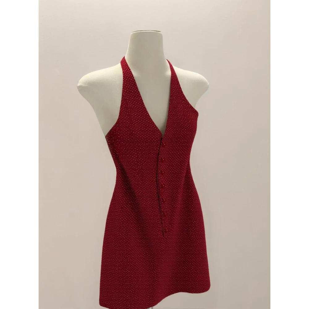 巨推荐，上身绝美！漂亮别致气质修身红色波点吊带挂脖连衣裙子女