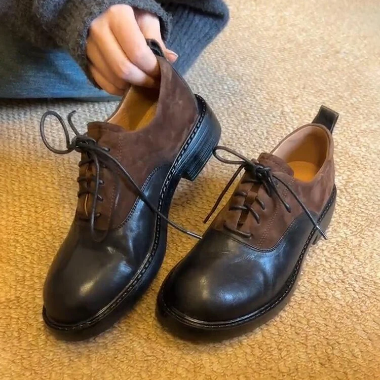 羊皮版~复古巴恩风绒面拼接低跟小皮鞋女圆头系带软皮乐福鞋单鞋