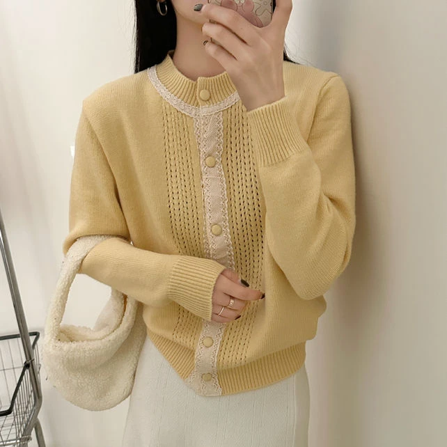 【桃洞中间蕾丝黄】新款韩系设计感针织毛衣开衫1569