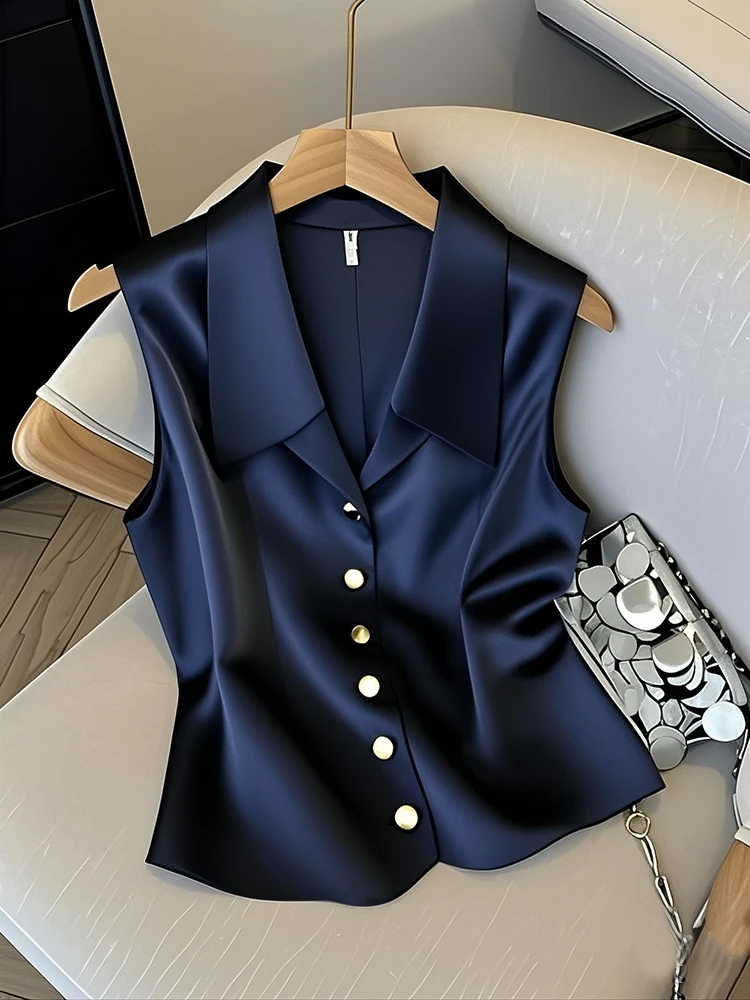 法式气质v领无袖缎面马甲背心上衣女2025夏季独特绝美小衫高级感