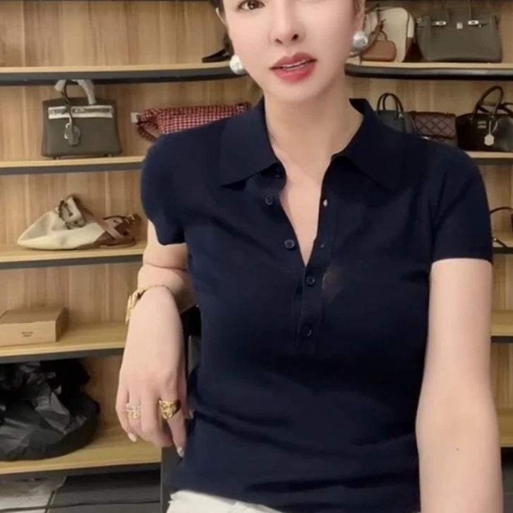 夏季新款老钱风Polo领短袖针织T恤时尚独特漂亮修身薄款上衣女装