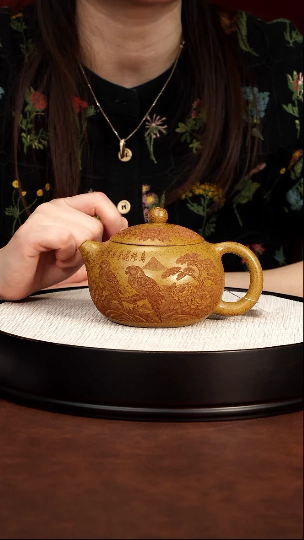 紫砂茶宠宜兴紫砂 鸟语花香西施壶 寒江段泥 梅鹏 689