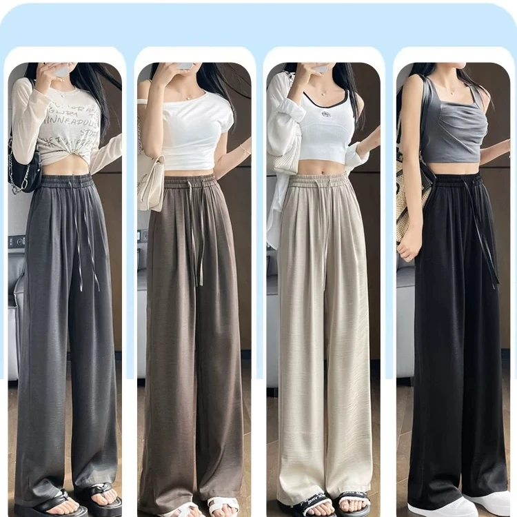 2025夏高级感醋酸缎面直筒裤女松紧高腰薄款