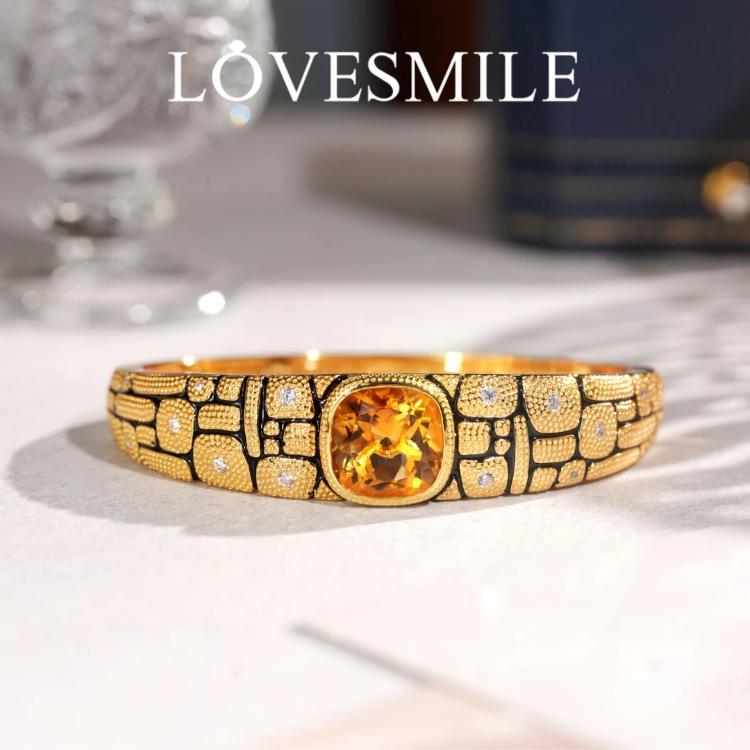 S925银黄晶手镯精美华丽优雅贵气黑色珐琅彩