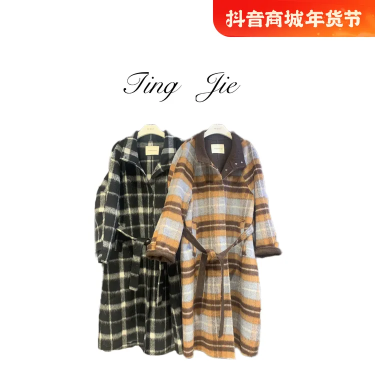 新西兰黑白格羊驼毛双面呢大衣女秋冬款加厚高级感长款原创24818