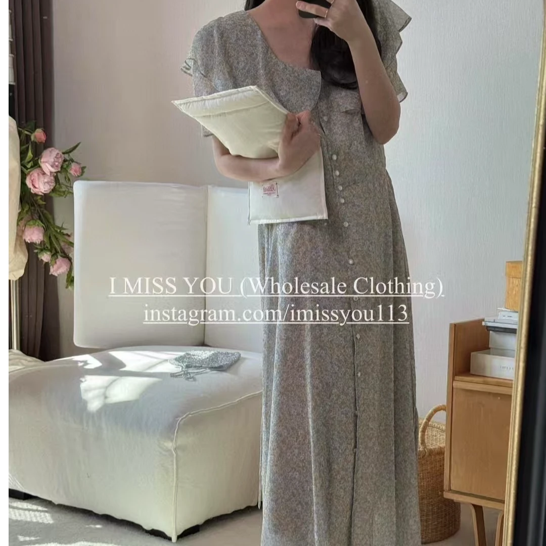 韩国东大门imi*syou 2025洋气百搭荷叶领碎花连衣裙