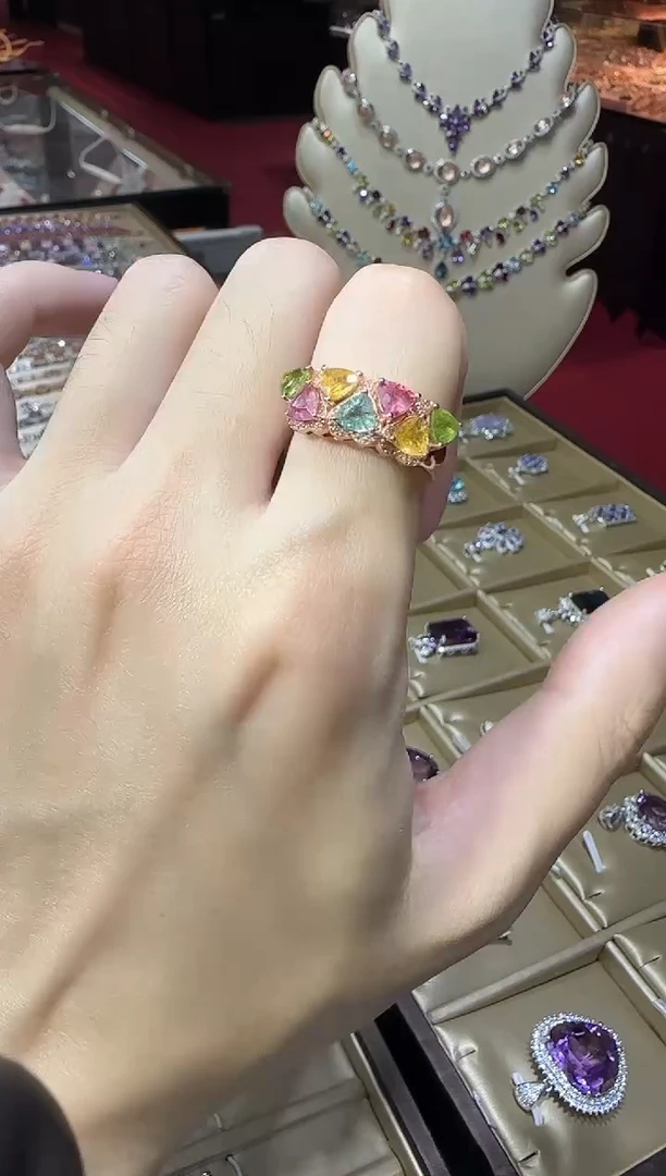 银S925镶嵌戒指碧玺排戒多样性发设计款