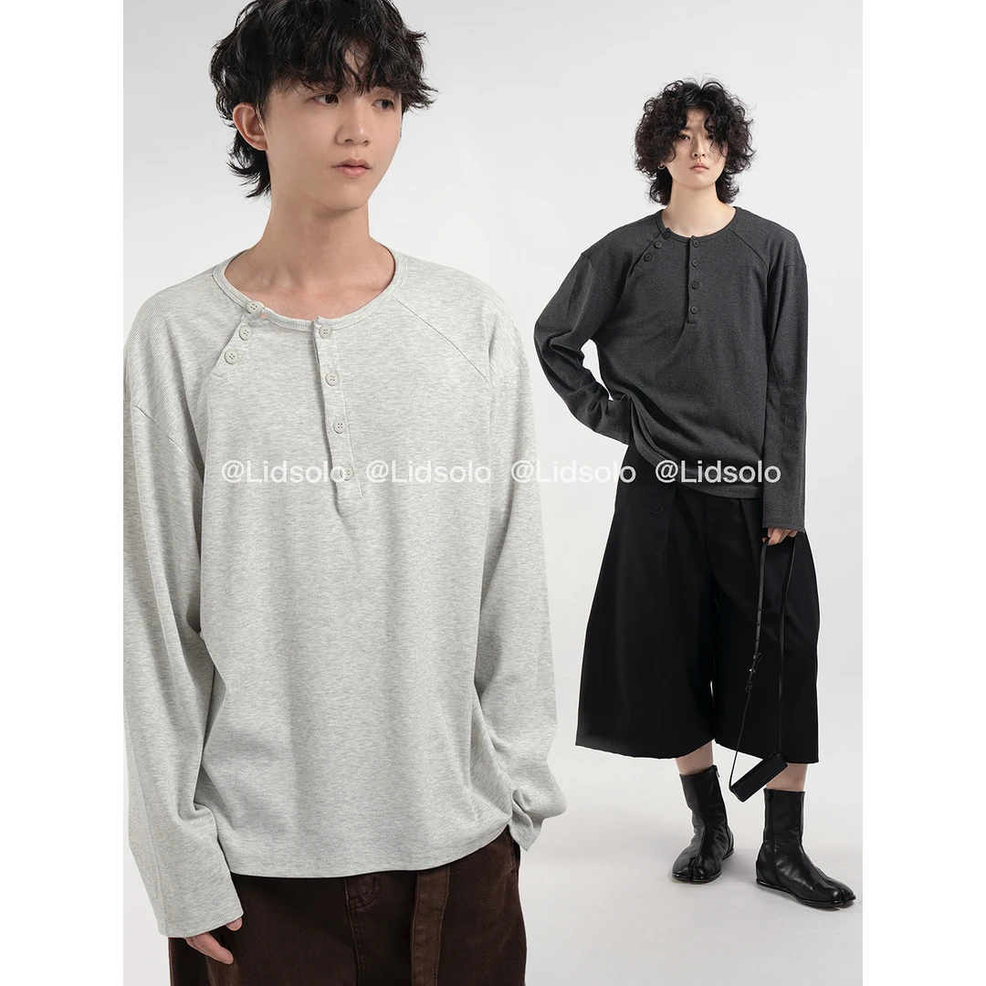 Lid solo秋冬亨利领长袖纽扣设计T恤男女休闲纯色百搭打底衫