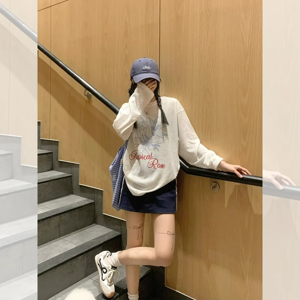 微透字母印花宽松防晒罩衫长袖T恤女减龄夏季新款遮肉遮肚上衣春