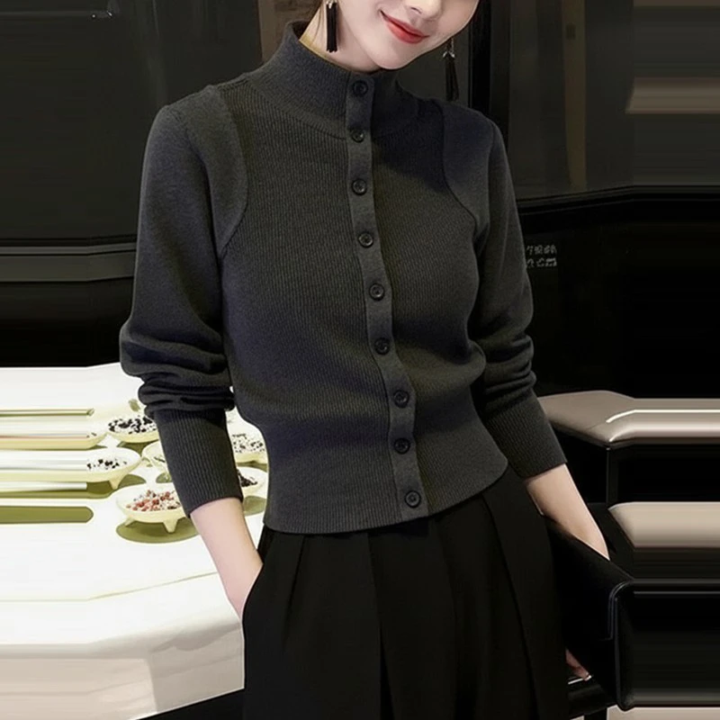 高级感深灰色高领毛衣女士初冬内搭短款超好看针织衫掐腰打底上衣