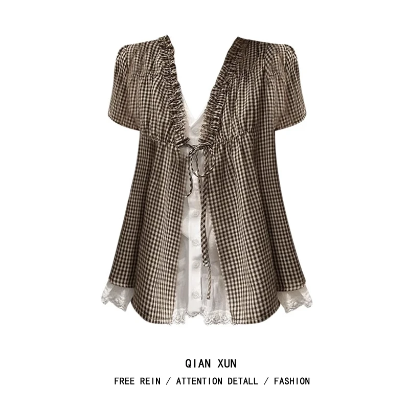 千寻大码微胖MM衬衫假两件流行木耳边时尚舒适撞色宽松系带小衫