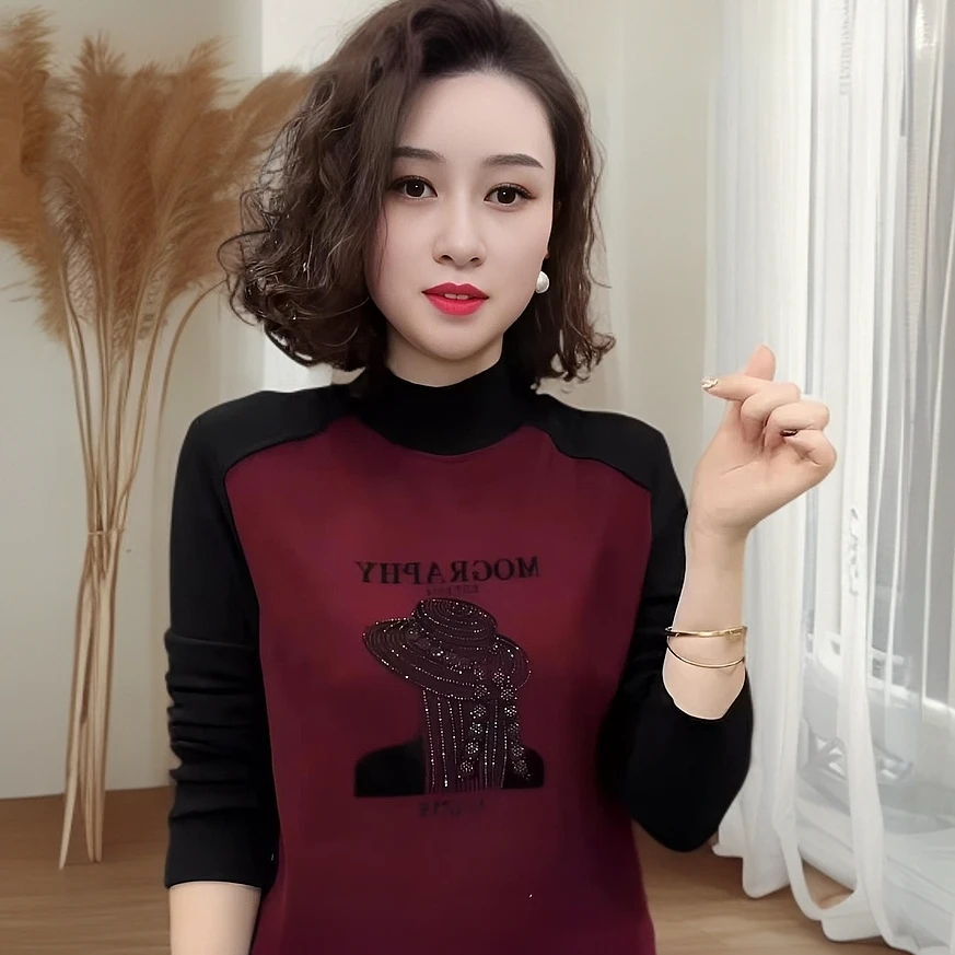 【正品】新款烫钻秋冬时尚遮肚上衣女加绒加厚洋气T恤保暖打底衫