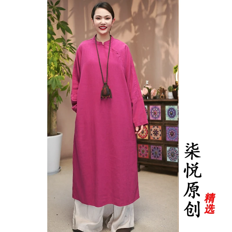 【柒悦】复古做旧炒色立领斜襟扣长款裙袍（衣长110胸围128）