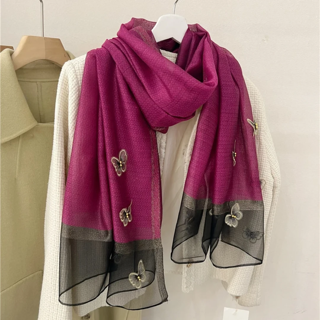 C023 玫红黑底蝴蝶翩翩款 刺绣桑蚕丝羊毛围巾75*175时尚百搭