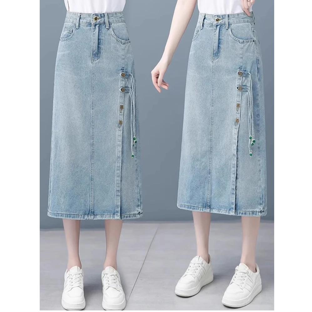 国风牛仔半身裙女2025年夏季新款高腰中长设计感开叉a字一步裙子
