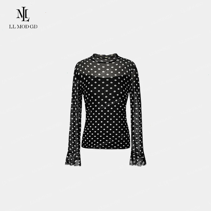上衣T恤波点设计长袖时尚百搭修身木耳边防晒透气镂空气质女春夏