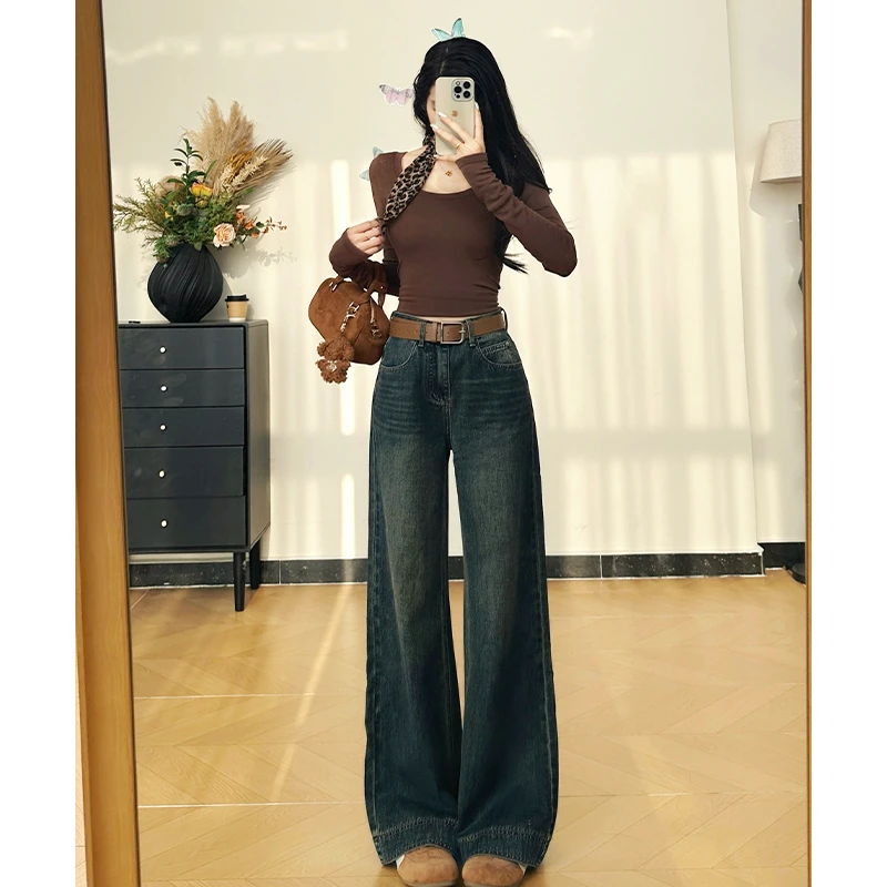 乔栈美式高街阔腿牛仔裤女秋冬新款美拉德风高腰宽松垂感拖地长裤