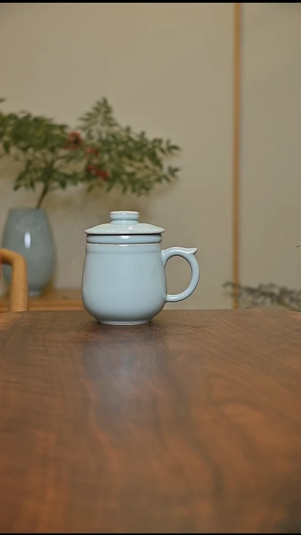 茶水分离杯 天青 微瑕 朱家汝窑款