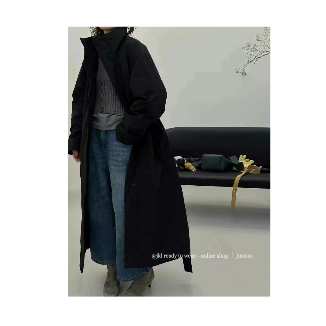 9055,欧货立领收腰中长款过膝外套派克服