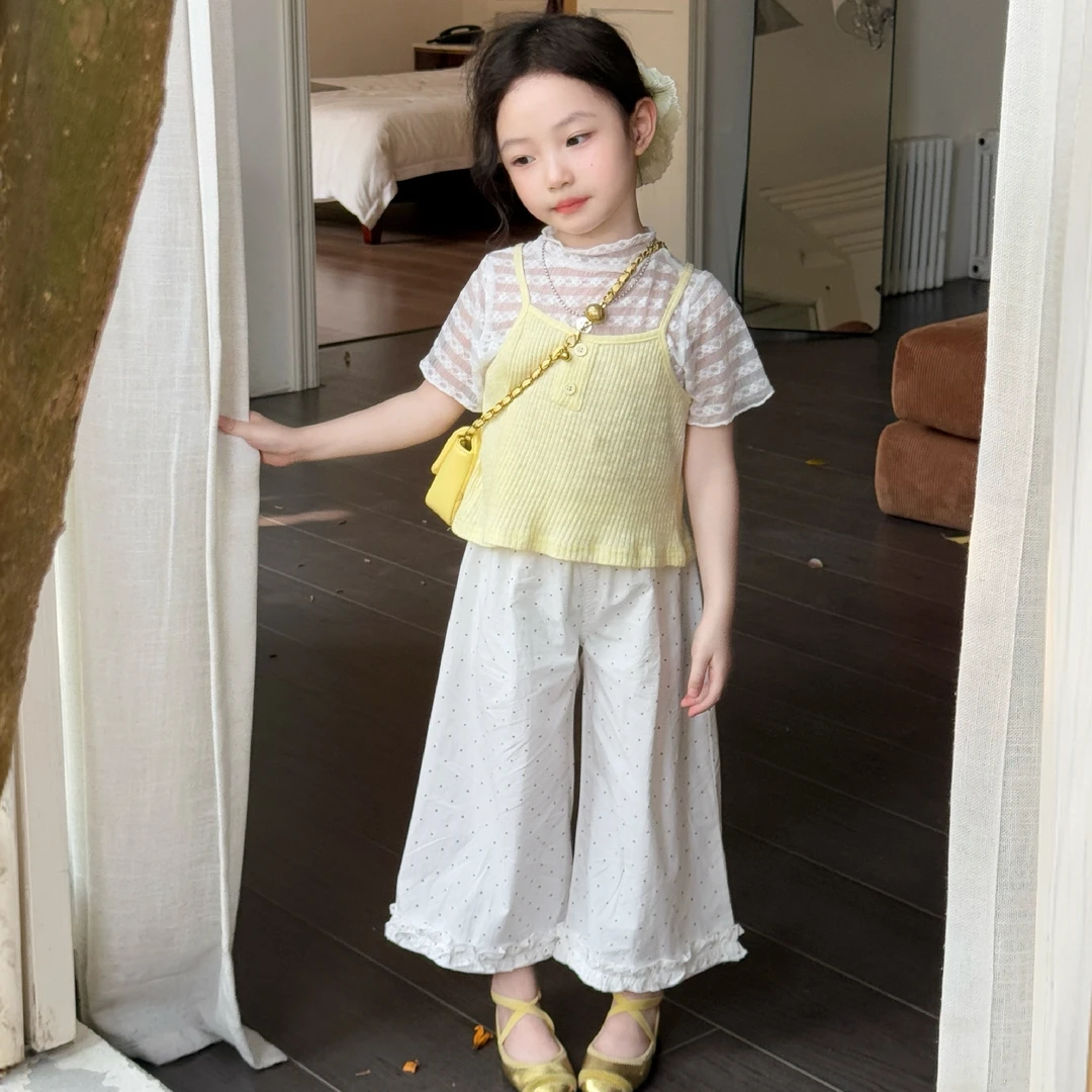 2025夏季新款女童韩系叠穿时髦洋气蕾丝T恤+黄色吊带+波点花边裤