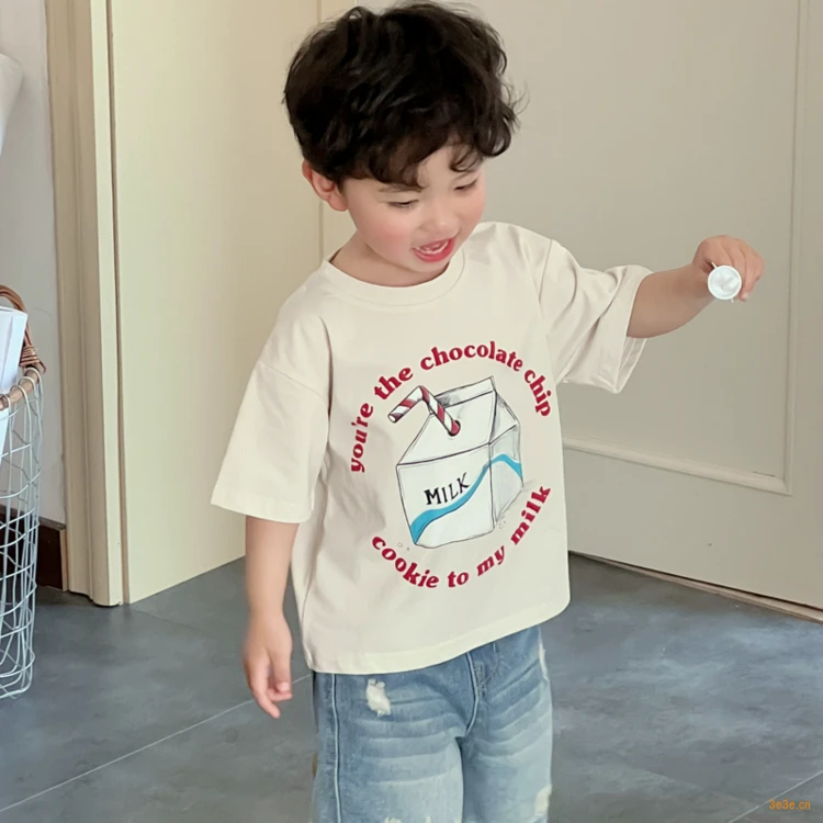 夏季新款儿童牛奶印花T恤男童百搭短袖上衣夏装潮款休闲薄款t恤衫