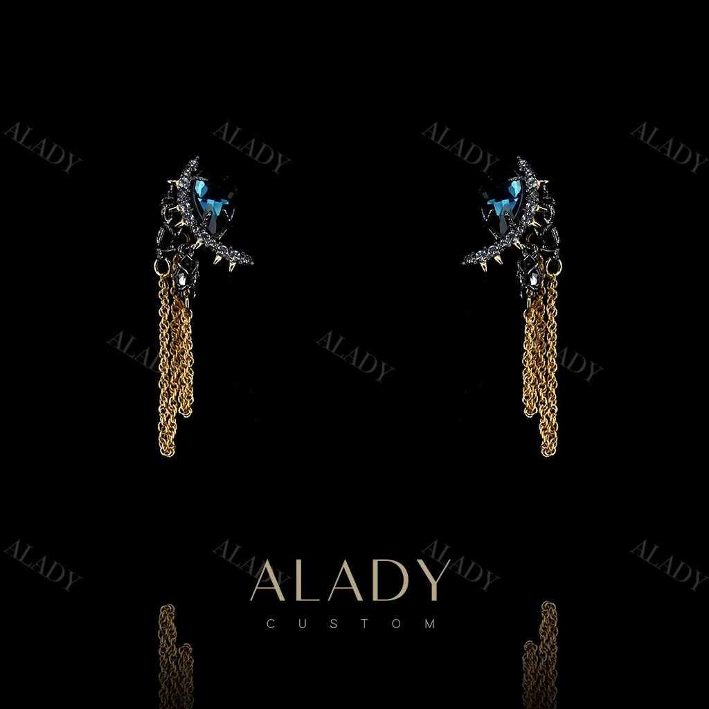 合金合成锆石耳饰 【蓝瞳】蓝色流苏酷飒风时尚耳钉