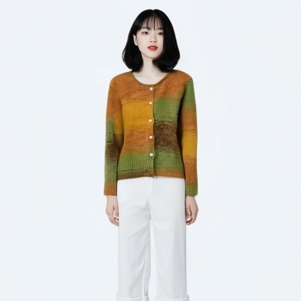 法式渐变色时尚重工加厚撞色复古针织圆领针织毛衣开衫！23332