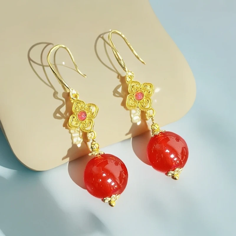 国风红景天耳环中国结14MM女士天然高端设计珠宝玛瑙红玛瑙耳饰