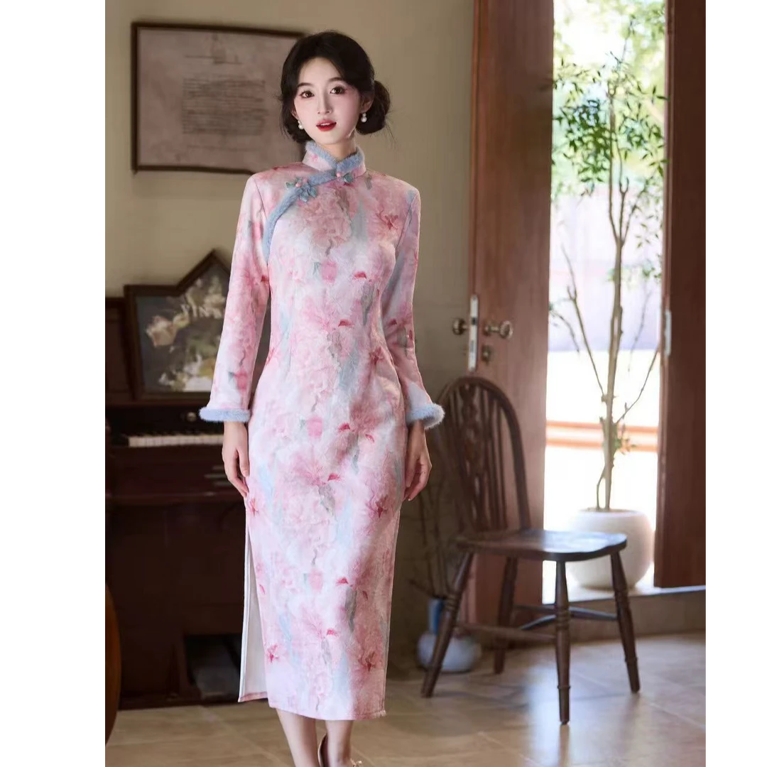江南春【花间令】冬季新款修身显瘦气质少女旗袍加绒加厚改良版优雅