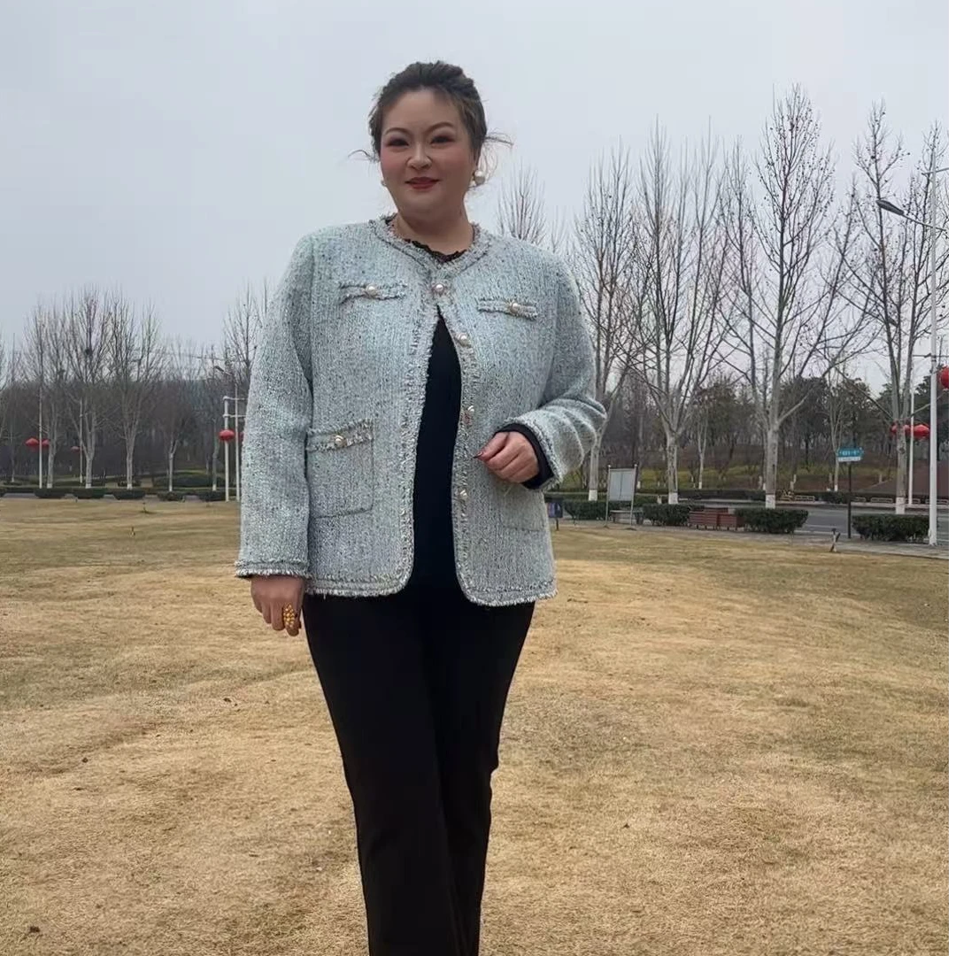 【胖嫂大码】2025春季大码新款高级感胖女生显瘦毛边编织小香风外套