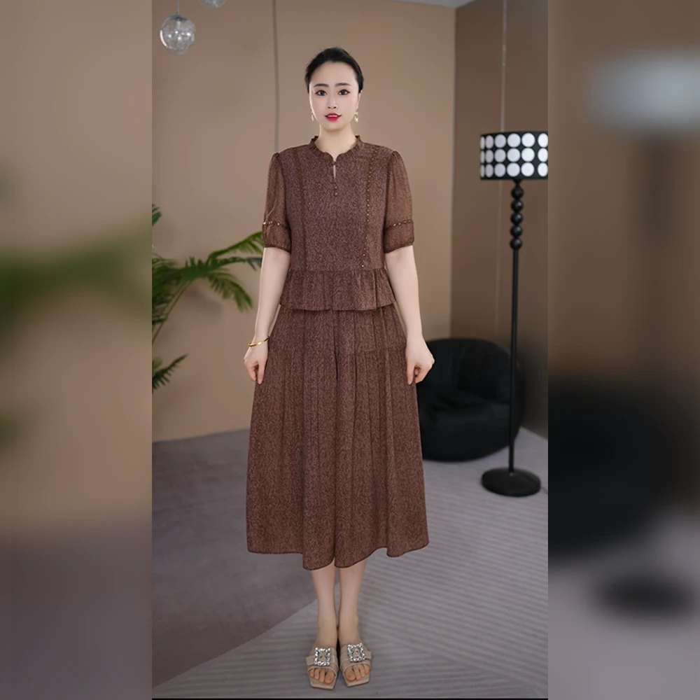 时尚夏季短袖显瘦假两件大码连衣裙女2025新款气质简约妈妈装裙子