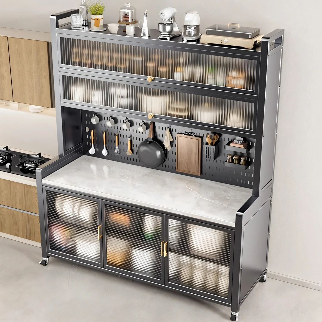 岩板餐边柜碳钢家用厨房收纳柜防尘大容量新款加厚加宽多层防油污