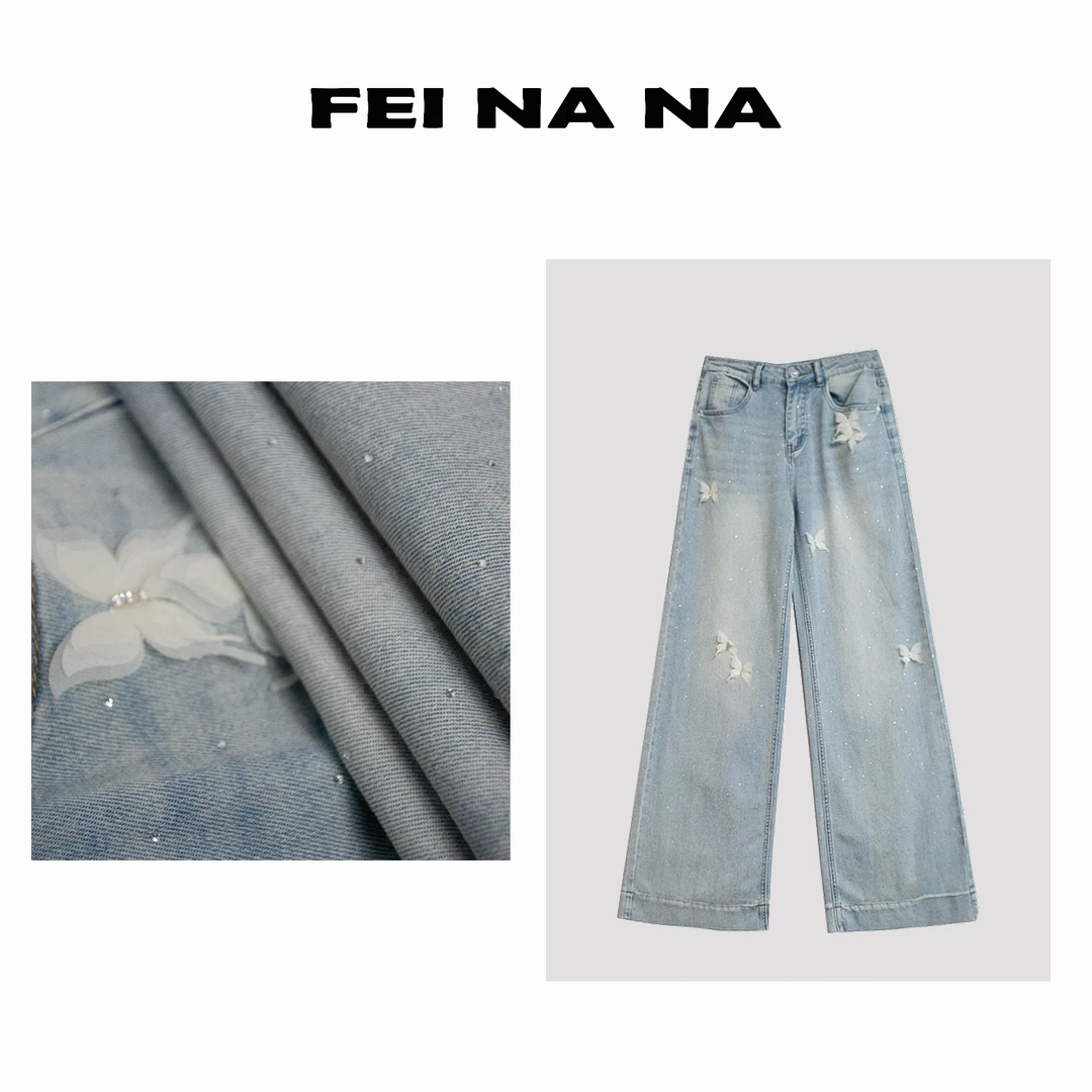【feinana蝴蝶结】2025夏季新款蝴蝶结烫钻牛仔直筒裤052605