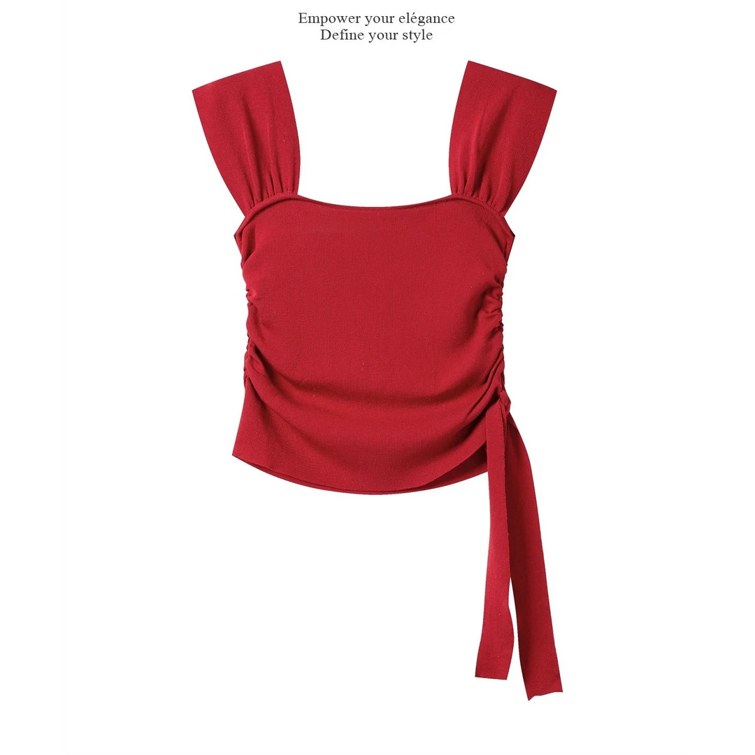 羊城故事-红色抽褶绑带针织背心女2025新款夏季独特修身上衣2175