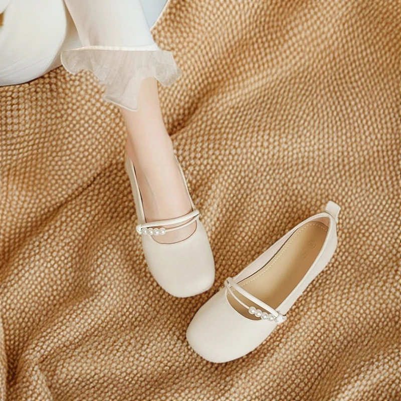 夏季学生百搭软皮浅口软底气质白色新款单鞋珍珠爆款2025玛丽珍