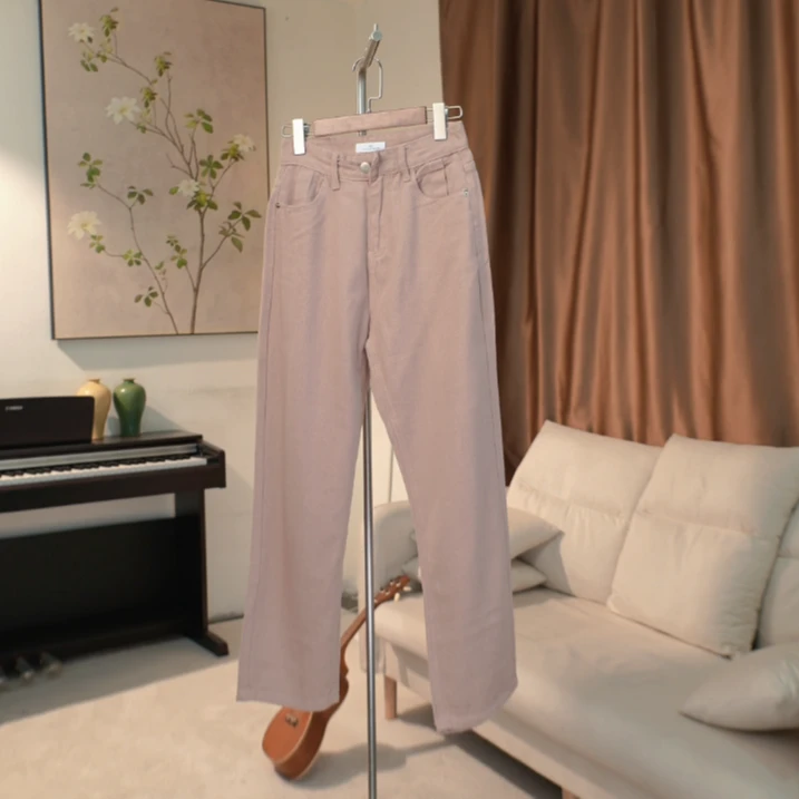 Y048 简约纯色高腰直筒裤女百搭牛仔裤 99007