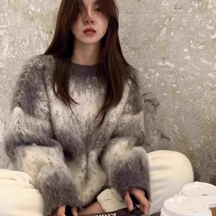 日系费尔岛森系慵懒风渐变色毛衣女秋冬马海毛内搭针织衫宽松上衣