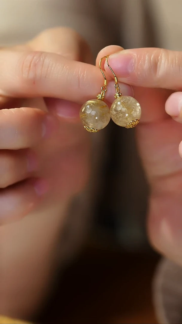 银S925镶嵌耳饰水晶金发晶耳坠