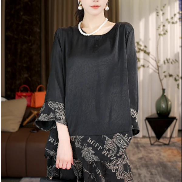 单上衣【锦绣盛唐】时尚圆领复古拼接中国风宽松黑色时髦上衣-0216#