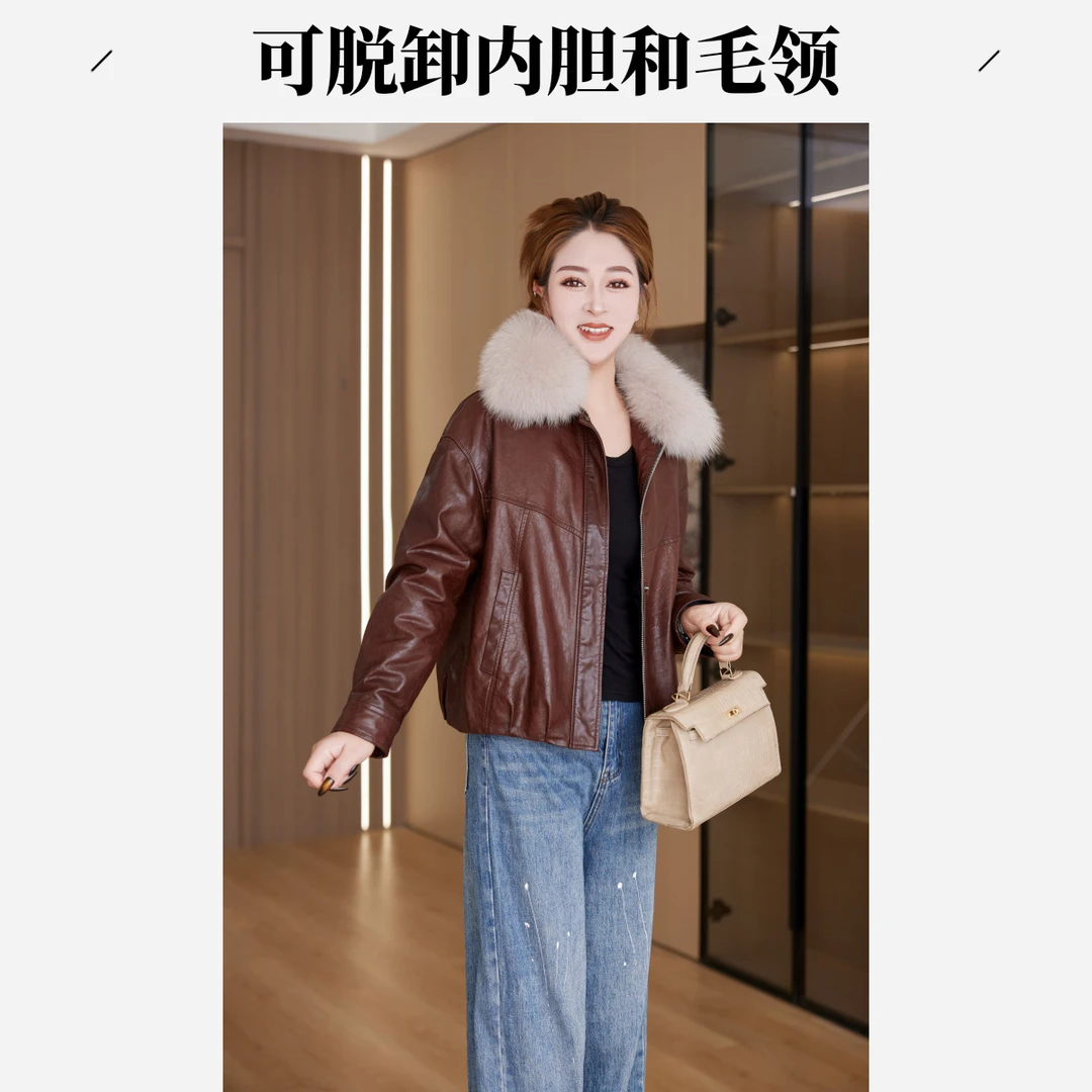 真皮鹅绒服可脱卸鹅绒内和毛领胆慕尼黑一衣三穿翡翠油蜡工艺8517