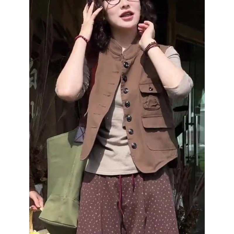 叠穿复古舒适外套别致高级感2025秋季马甲无袖上衣女休闲纯色简约